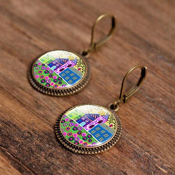 

House Pattern Round Charm Earrings, Multicolor