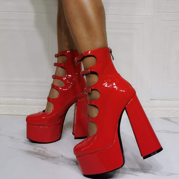 

Minimalist Cut Out Platform Chunky Heeled Boots, Red