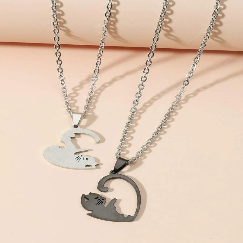 

2pcs Cat Pendant Necklace, Black and white