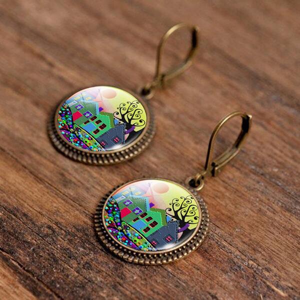 

House Pattern Round Charm Earrings, Multicolor