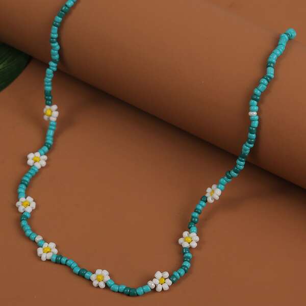 

Girls Flower Decor Beaded Necklace, Multicolor