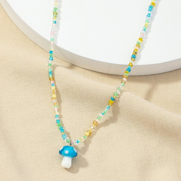 

Mushroom Charm Beaded Necklace, Multicolor