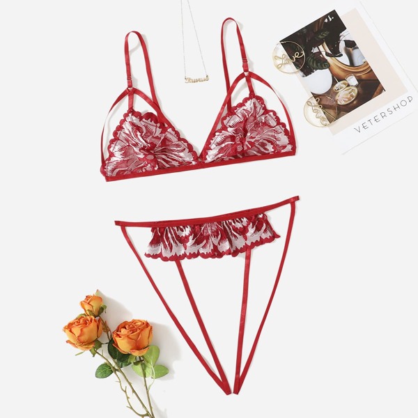 

Plus Floral Lace Cut Out Lingerie Set, Burgundy