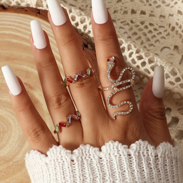 

3pcs Rhinestone Decor Ring, Gold