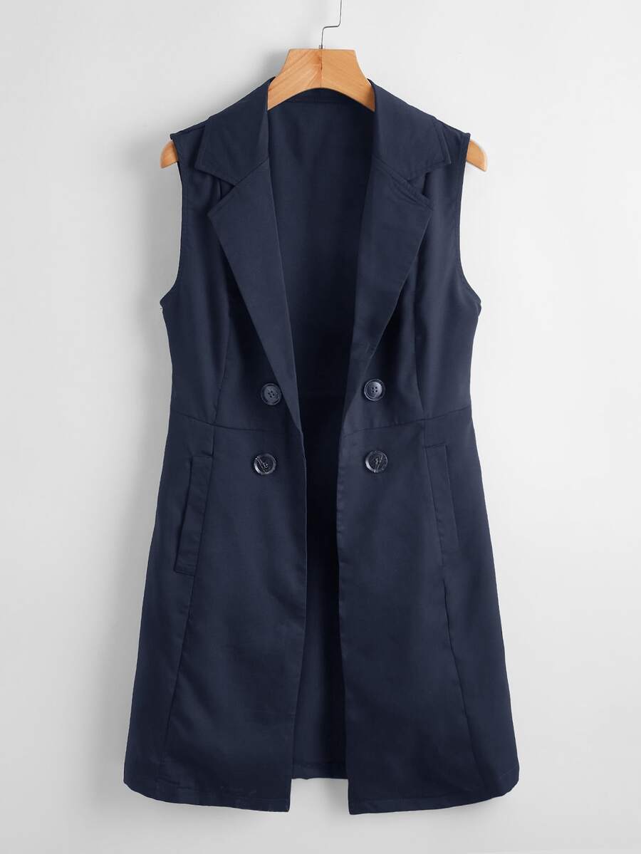 SHEIN Clasi Double Button Lapel Neck Vest Blazer - Navy Blue - View 1