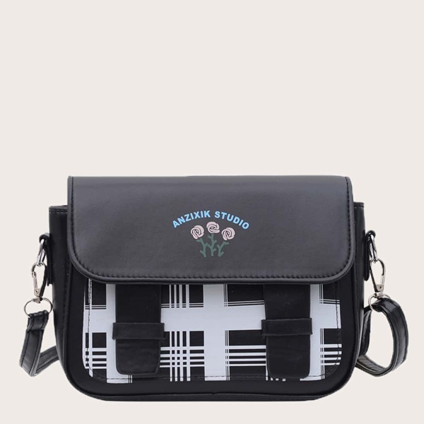 

Girls Letter Graphic Plaid Pattern Crossbody Bag, Black