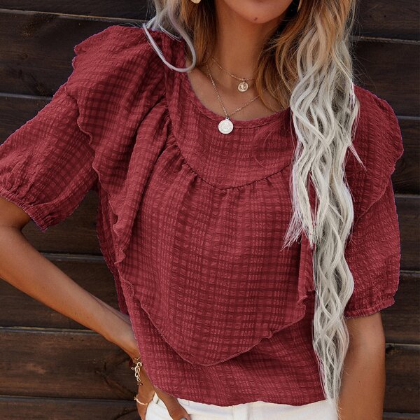 

Ruffle Trim Puff Sleeve Blouse, Red