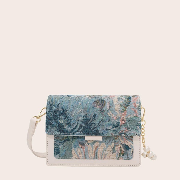 

Pearls Decor Floral Pattern Flap Square Bag, Blue