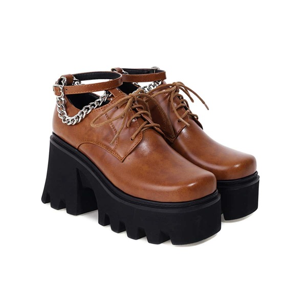 

Chain Decor Lace-up Front Wedge Shoes, Yellow