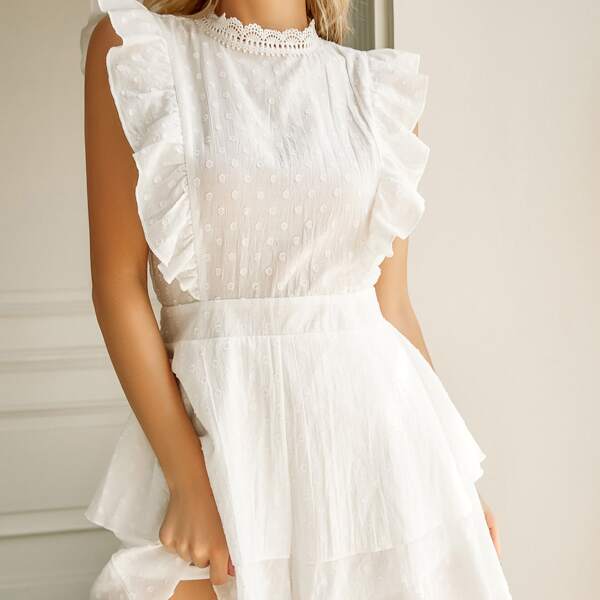 

Ruffle Trim Guipure Lace Detail Cut Out Knot Back Romper, White