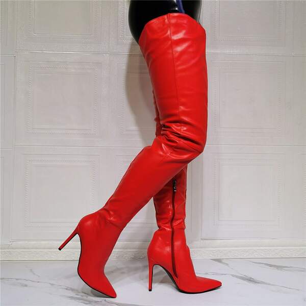 

Point Toe Side Zipper Over The Knee Boots, Red