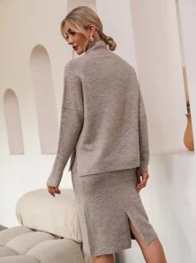 Áo len nữ kết hợp Túi màu trơn Cơ bản - Màu Khaki - Xem 2