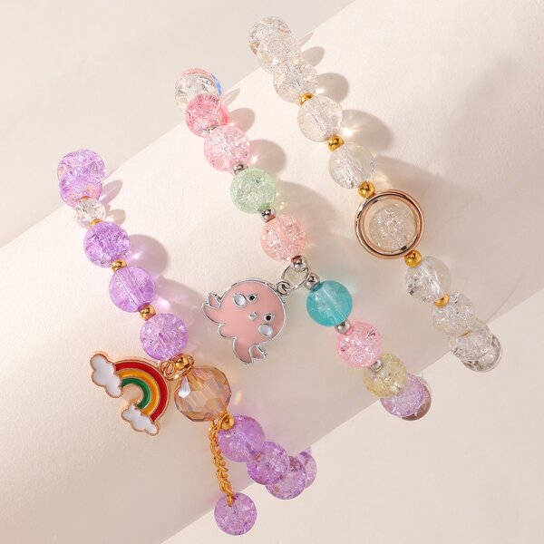 

3pcs Girls Flower & Rainbow Charm Beaded Bracelet, Multicolor