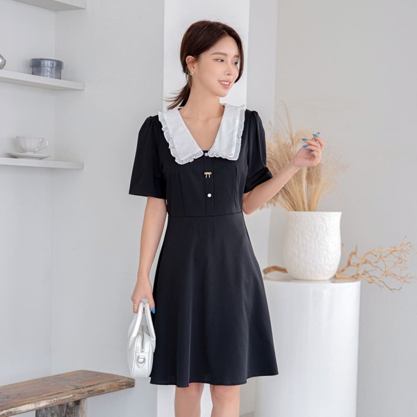 

Peter-pan Collar Puff Sleeve A-line Dress, Black