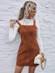 SHEIN LUNE Single Breasted Front Cord Cami Dress - Brown - View 1
