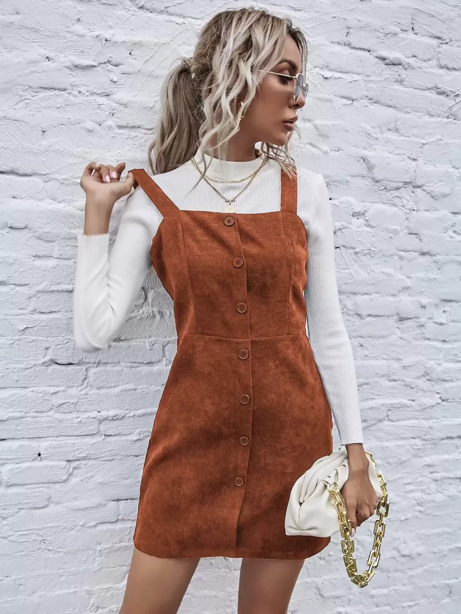 SHEIN LUNE Single Breasted Front Cord Cami Dress - Brown - View 1