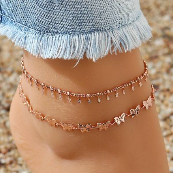 

2pcs Butterfly Decor Anklet, Rose gold