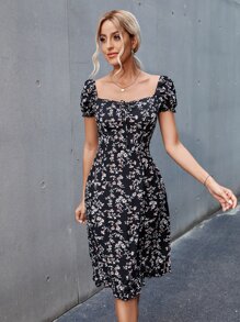 SHEIN VCAY Ditsy Floral Tie Front Ruffle Hem Milkmaid Dress - Multicolor - View 3