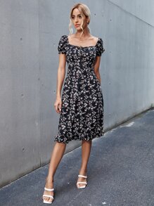 SHEIN VCAY Ditsy Floral Tie Front Ruffle Hem Milkmaid Dress - Multicolor - View 4