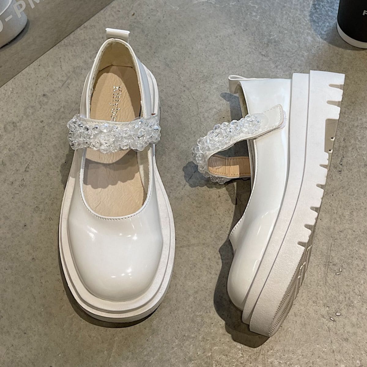 

Crystal Decor Wedge Mary Janes, Beige