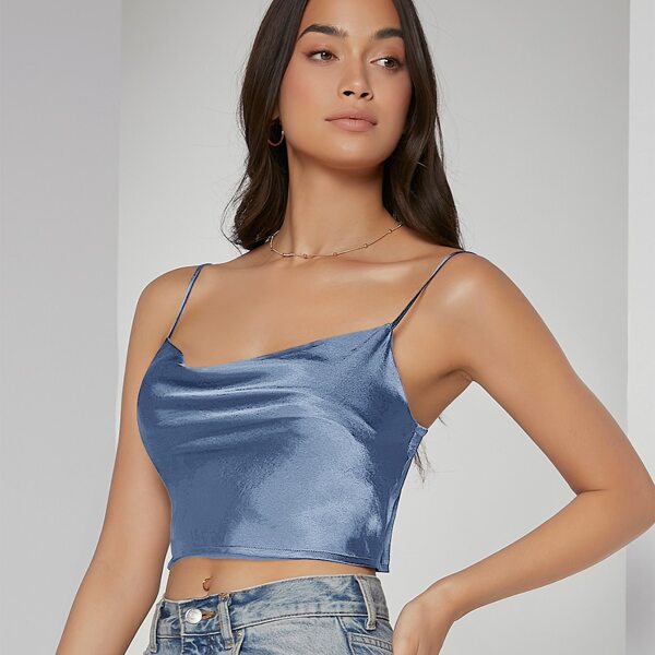 

Draped Front Satin Cami Top, Dusty blue