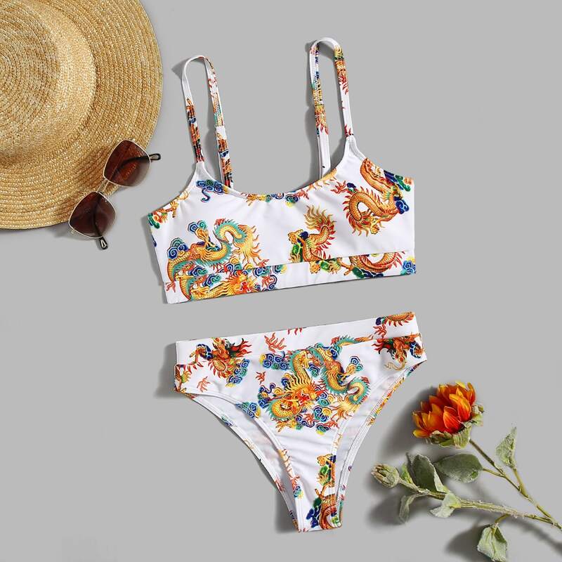 

Chinese Dragon Print High Waisted Bikini Swimsuit, White