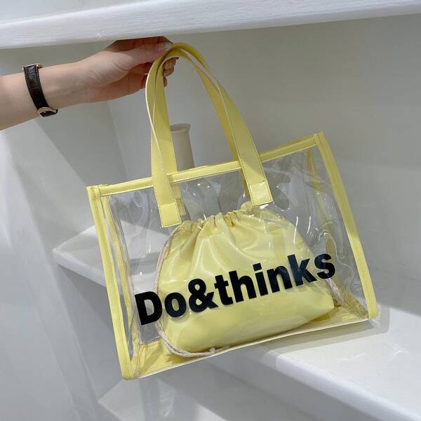 

Clear Letter Graphic Top Handle Bag With Inner Pouch, Yellow
