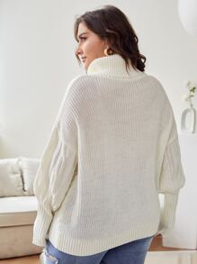 Calvaya Plus Turtleneck Cable Knit Drop Shoulder Jumper - Beige - View 2