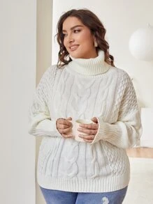 Calvaya Plus Turtleneck Cable Knit Drop Shoulder Jumper - Beige - View 4