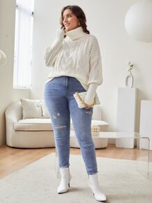 Calvaya Plus Turtleneck Cable Knit Drop Shoulder Jumper - Beige - View 5