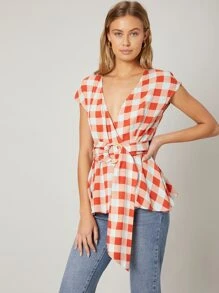 SHEIN Unity Viscose Wrap Belted Top - Red and White - View 1