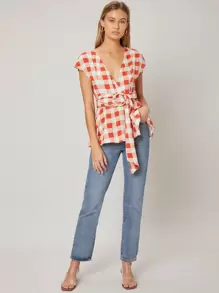 SHEIN Unity Viscose Wrap Belted Top - Red and White - View 3