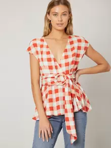 SHEIN Unity Viscose Wrap Belted Top - Red and White - View 4