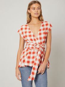 SHEIN Unity Viscose Wrap Belted Top - Red and White - View 5