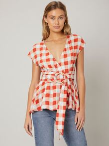 SHEIN Unity Viscose Wrap Belted Top - Red and White - View 6