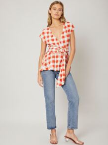 SHEIN Unity Viscose Wrap Belted Top - Red and White - View 7