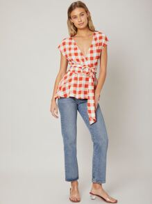 SHEIN Unity Viscose Wrap Belted Top - Red and White - View 8