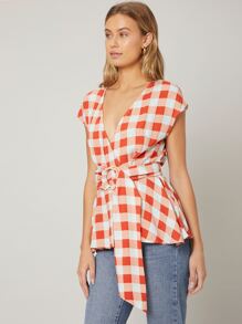 SHEIN Unity Viscose Wrap Belted Top - Red and White - View 9