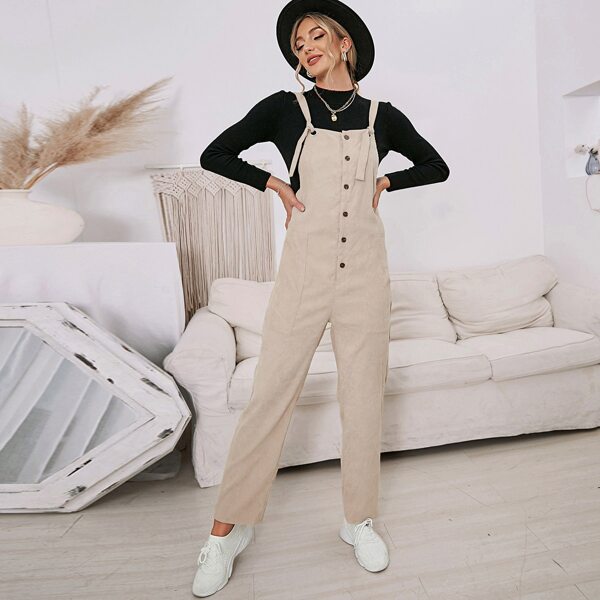 

Slant Pockets Single Breasted Overall Jumpsuit, Khaki