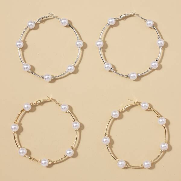 

2pairs Faux Pearl Decor Hoop Earrings, Multicolor