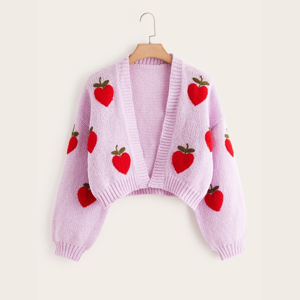 

Plus Strawberry Pattern Drop Shoulder Cardigan, Lilac purple