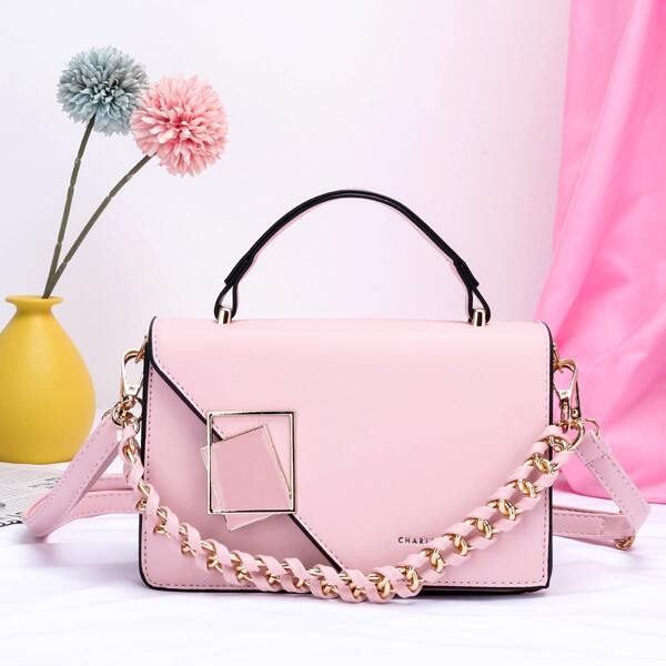 

Metal & Chain Decor Flap Square Bag, Pink