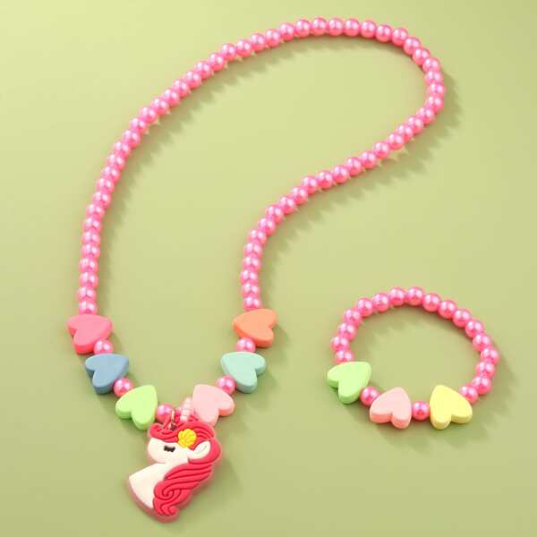 

2pcs Girls Heart Beaded Jewelry Set, Hot pink