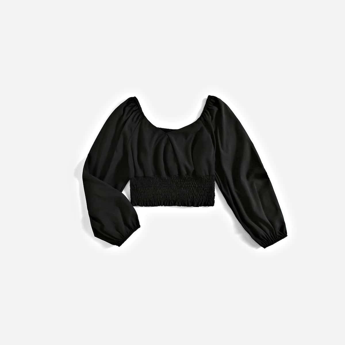 

Solid Shirred Blouse, Black
