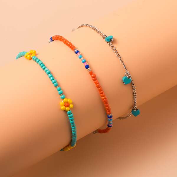 

3pcs Flower Decor Beaded Anklet, Blue
