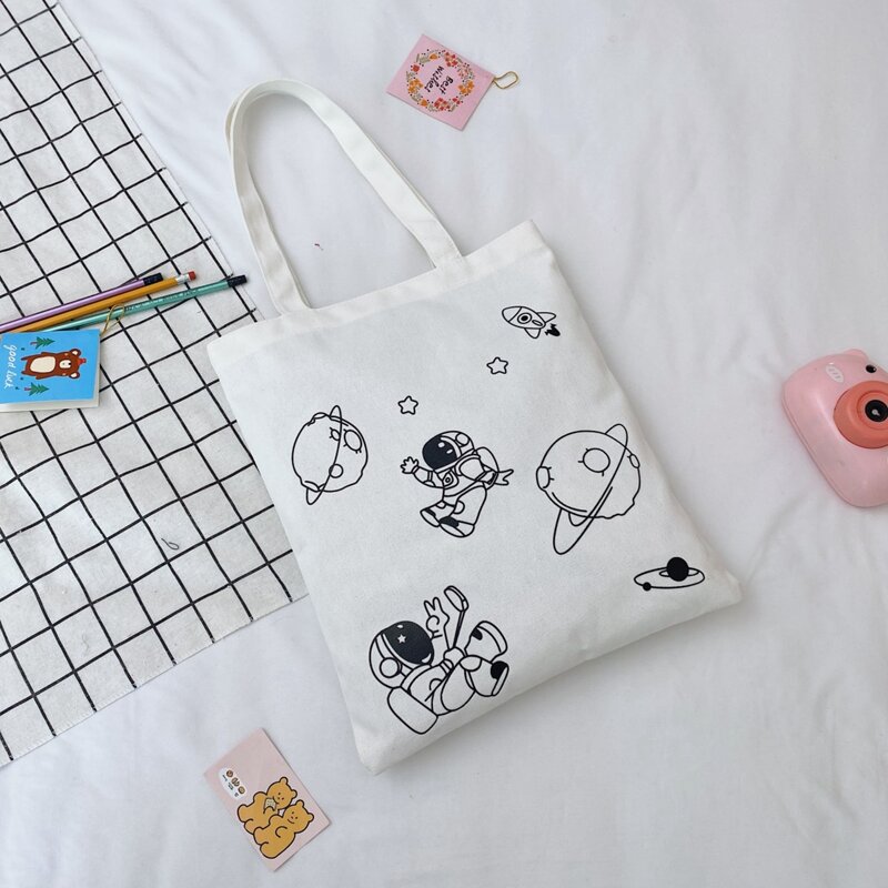 

Cartoon Graphic Canvas Tote Bag, White