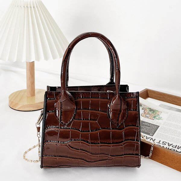 

Croc Embossed Double Handle Satchel Bag, Coffee brown