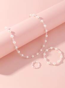 1pc Teen Beaded Necklace, 1pc Bracelet, 1pc Ring Set - White - View 1