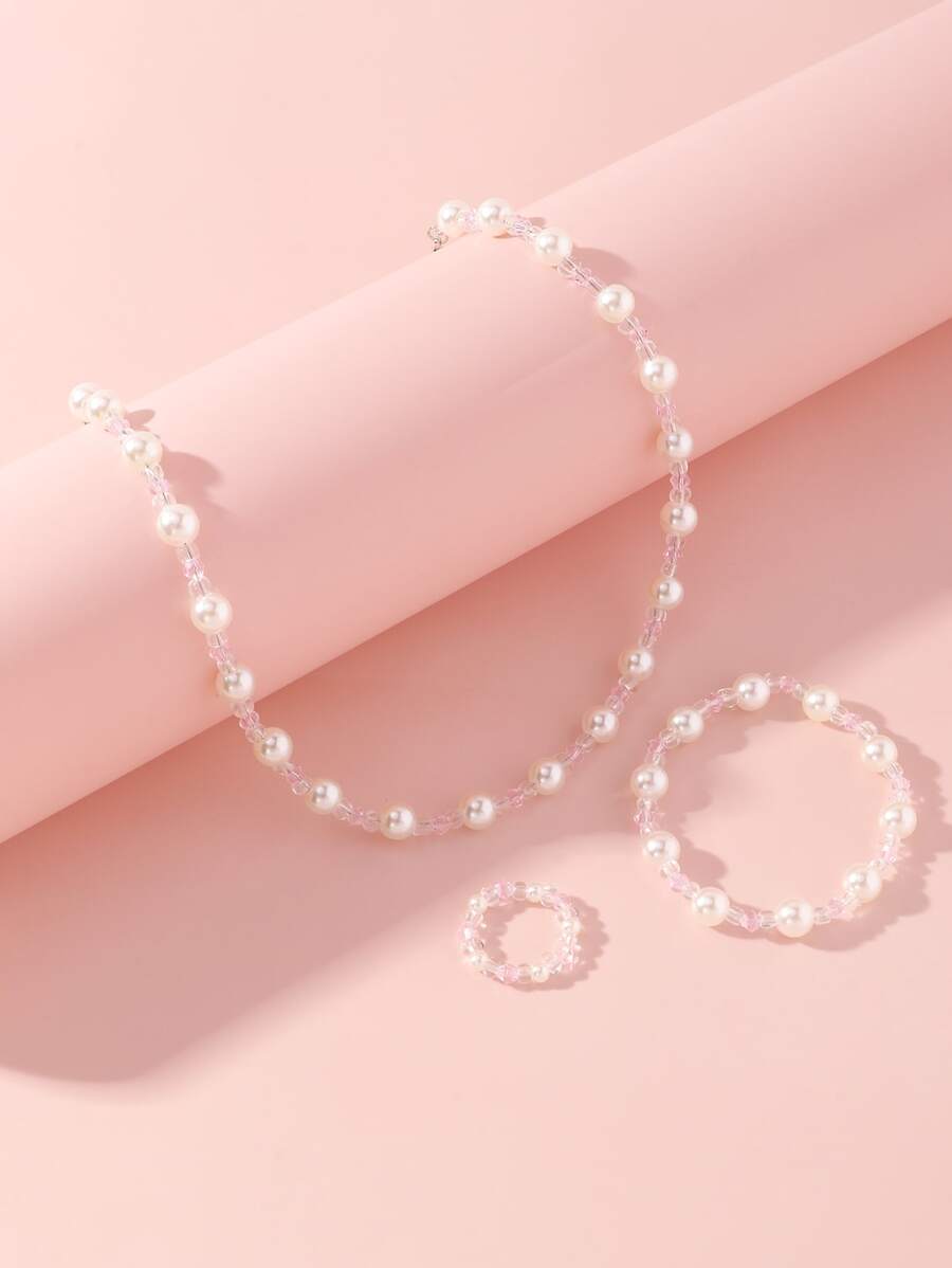 1pc Teen Beaded Necklace, 1pc Bracelet, 1pc Ring Set - White - View 1