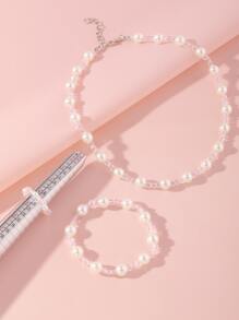 1pc Teen Beaded Necklace, 1pc Bracelet, 1pc Ring Set - White - View 2